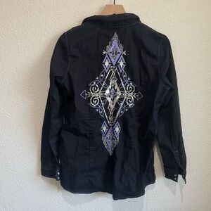 Rock 47 by Wrangler Womens Large Pearl Snap Rhinestone Cross Button Down Y2K